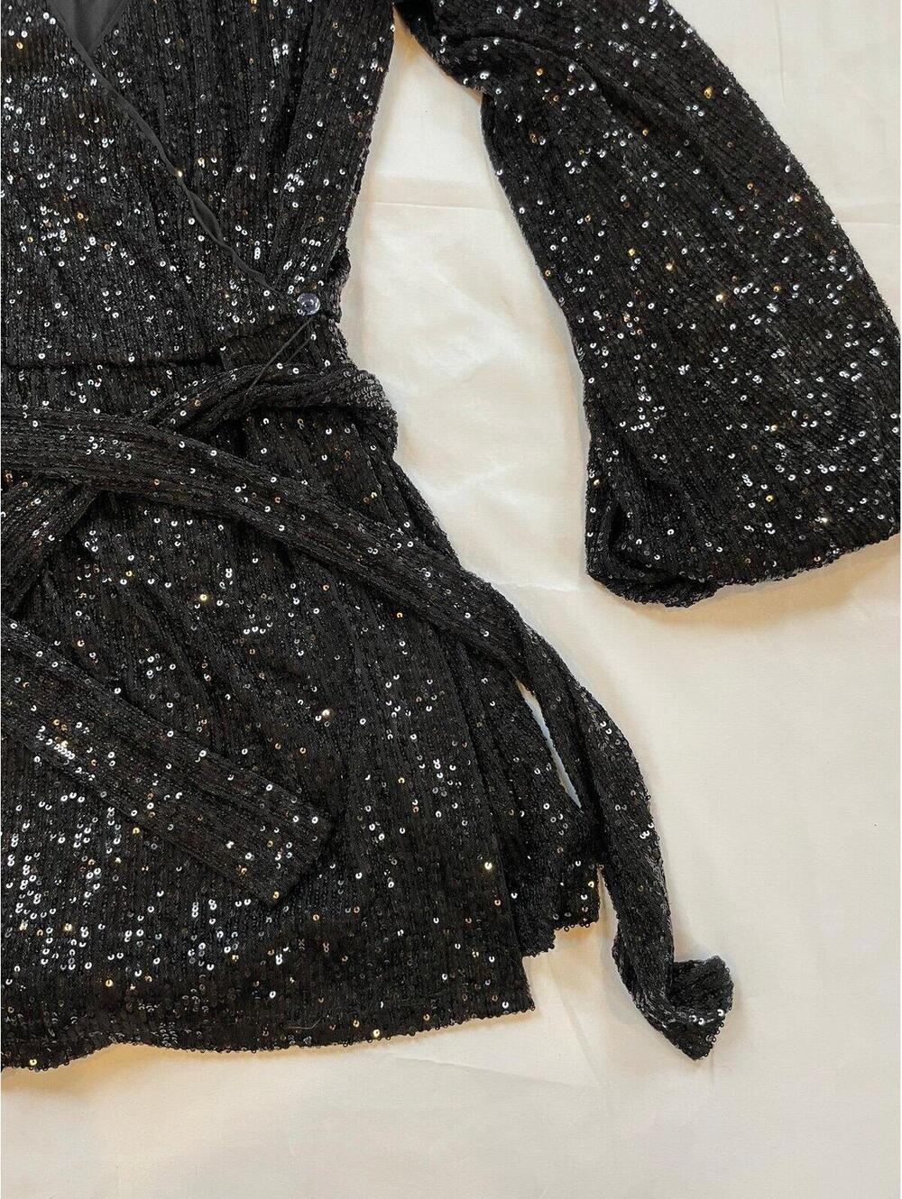 Free People Black Sequin Wrap Romper Medium Long Sleeve - Picture 3 of 8